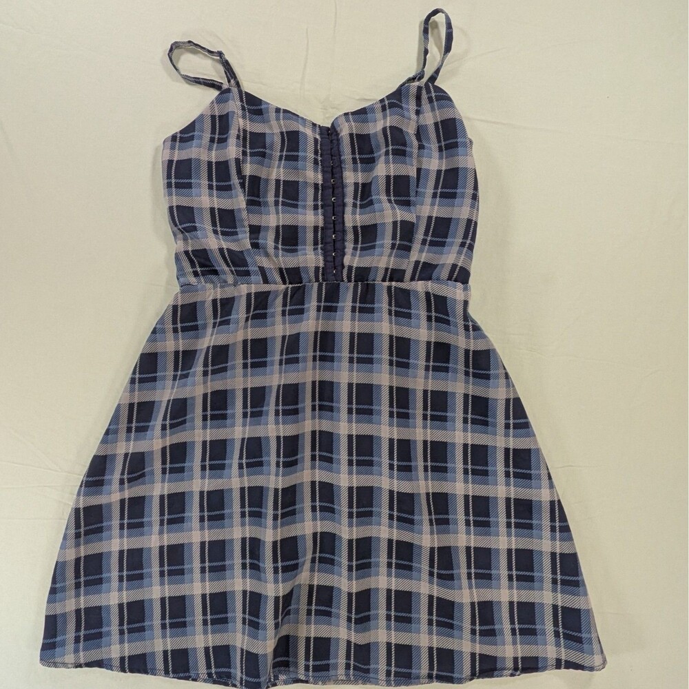 Lily Rose Navy Gray Mini Dress Plaid Adjustable Spaghetti Strap Women Size XL